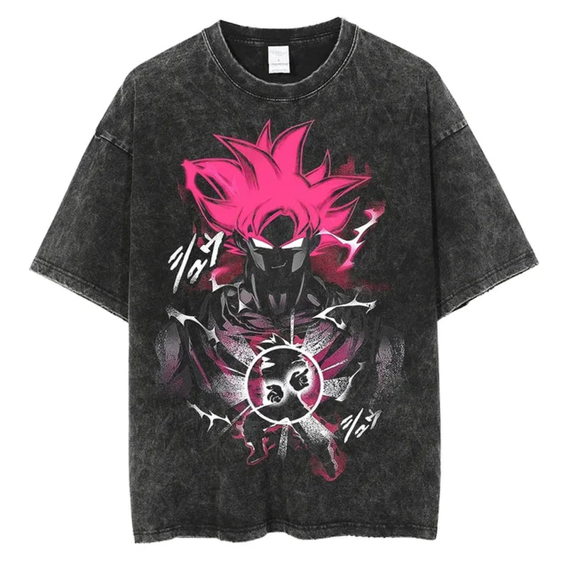 Men Streetwear Vintage Washed Black T Shirt Anime Dragon Ball Print Graphic T-Shirt Summer Tshirt Hip Hop Harajuku Cotton Tees