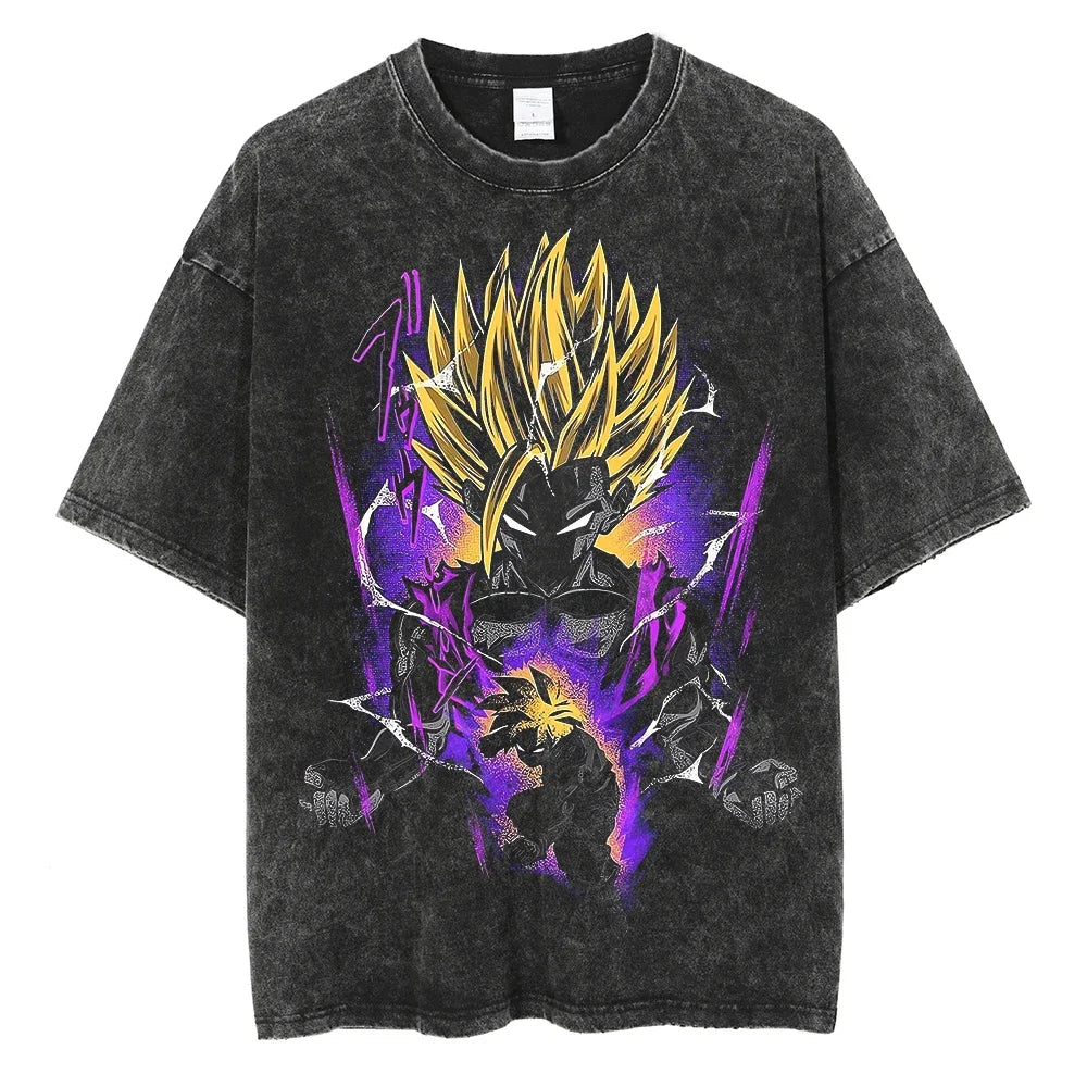 Men Streetwear Vintage Washed Black T Shirt Anime Dragon Ball Print Graphic T-Shirt Summer Tshirt Hip Hop Harajuku Cotton Tees