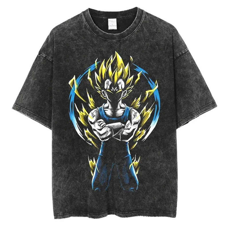 Men Streetwear Vintage Washed Black T Shirt Anime Dragon Ball Print Graphic T-Shirt Summer Tshirt Hip Hop Harajuku Cotton Tees