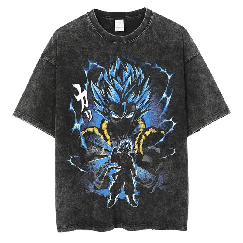 Men Streetwear Vintage Washed Black T Shirt Anime Dragon Ball Print Graphic T-Shirt Summer Tshirt Hip Hop Harajuku Cotton Tees