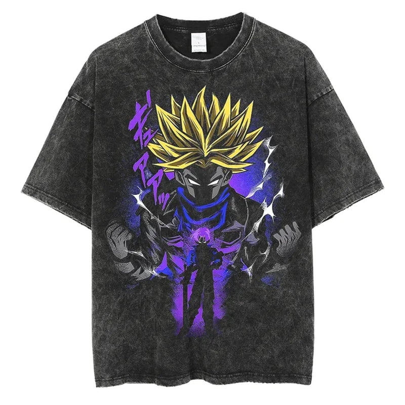 Men Streetwear Vintage Washed Black T Shirt Anime Dragon Ball Print Graphic T-Shirt Summer Tshirt Hip Hop Harajuku Cotton Tees