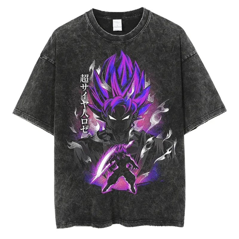 Men Streetwear Vintage Washed Black T Shirt Anime Dragon Ball Print Graphic T-Shirt Summer Tshirt Hip Hop Harajuku Cotton Tees