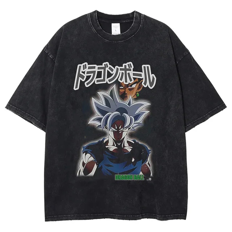 Men Streetwear Vintage Washed Black T Shirt Anime Dragon Ball Print Graphic T-Shirt Summer Tshirt Hip Hop Harajuku Cotton Tees