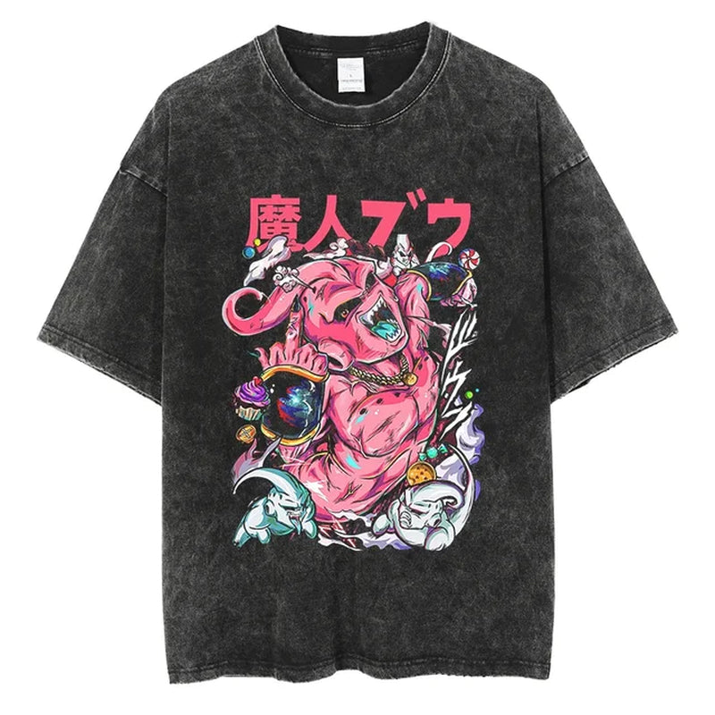 Men Streetwear Vintage Washed Black T Shirt Anime Dragon Ball Print Graphic T-Shirt Summer Tshirt Hip Hop Harajuku Cotton Tees