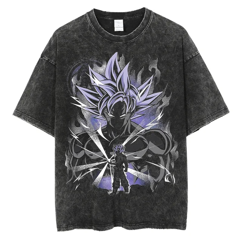 Men Streetwear Vintage Washed Black T Shirt Anime Dragon Ball Print Graphic T-Shirt Summer Tshirt Hip Hop Harajuku Cotton Tees